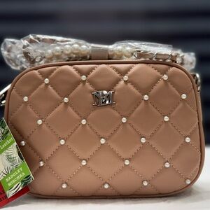 Badgley Mischka Elegant Quilted Pearl-Studded Crossbody Bag - Beige